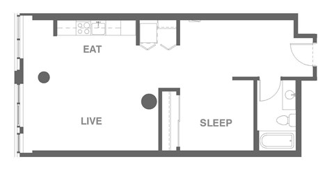 Floor plan for 1 bed, 1 bath, 707 sqft